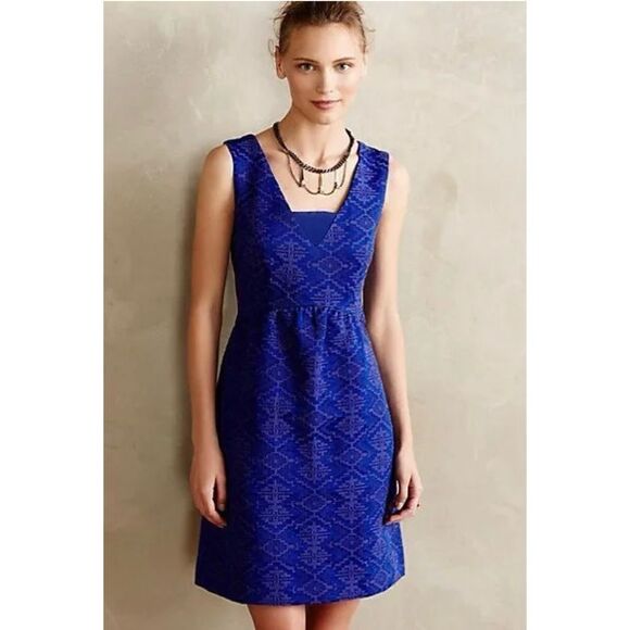 Maeve Anthropologie Averie Jacquard Dress Blue 2 Embroidered Aztec Sleeveless - Picture 1 of 16